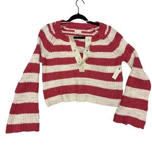 PILCRO Anthropologie NWT Striped Bell Sleeve Cropped Sweater Red Cream Size S